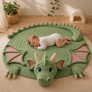 May include: A crocheted green dragon-shaped baby play mat with pink accents. The mat features a dragon head, wings, and tail. A baby in a white onesie is lying on the mat. The mat is on a light-colored rug.