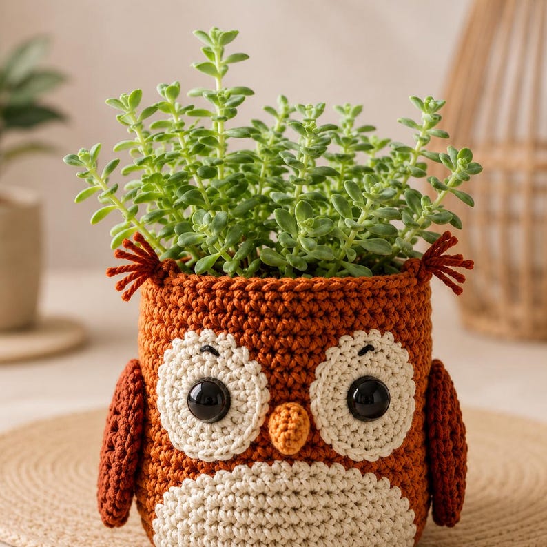 Hoot & Bloom Crochet Owl Planter Pattern, Amigurumi Plant Pot Cover PDF ...