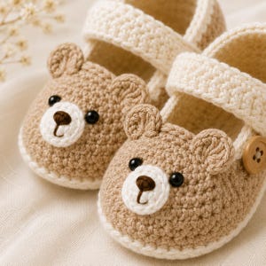 May include: A pair of handmade baby shoes. These crochet shoes are designed to look like teddy bears, with brown and white yarn. The shoes have black eyes, a brown nose, and a white muzzle. The straps are fastened with a wooden button.