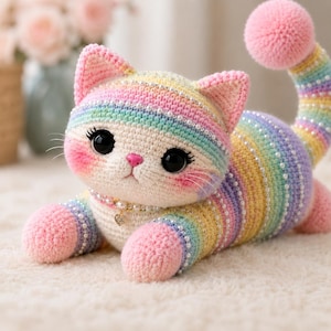 May include: A handmade crochet cat in a rainbow color scheme with pearl accents. The cat has large black eyes, pink cheeks, and a pink nose. It wears a pearl necklace with a heart pendant. The tail is curled up, and the cat is lying down.