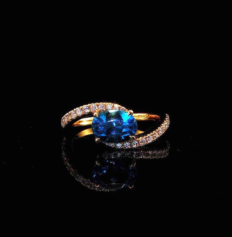 Handcrafted 18K Yellow Gold Ring With Natural Blue Topaz and Diamonds ...
