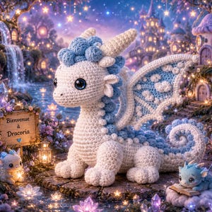 Peut inclure: Un dragon blanc au crochet avec des détails bleus, dont des ailes et une queue, est placé dans une scène fantastique. Le dragon a de grands yeux et est entouré d'autres petits dragons, d'une cascade et d'une pancarte qui dit "Bienvenue à Dracoria."