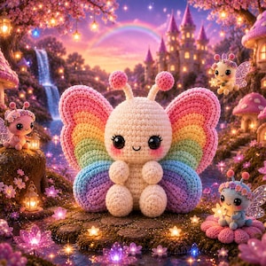 Peut inclure: Un papillon au crochet avec des ailes arc-en-ciel et un visage souriant est au centre d'une scène de jardin magique. L'image présente d'autres fées au crochet, des cascades et un château, le tout dans un cadre vibrant et coloré.