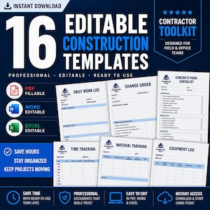 Pode incluir: Gráfico de download digital com 16 modelos de construção editáveis. O design é azul e branco, com textos como 'Diário de trabalho diário' e 'Ordem de alteração'. Os ícones indicam formatos PDF, Word e Excel. Inclui 'Contractor Toolkit'.