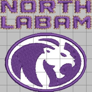 May include: Purple and white embroidered patch with a goat head design inside an oval. The text "NORTH ALABAMA" is above the patch.