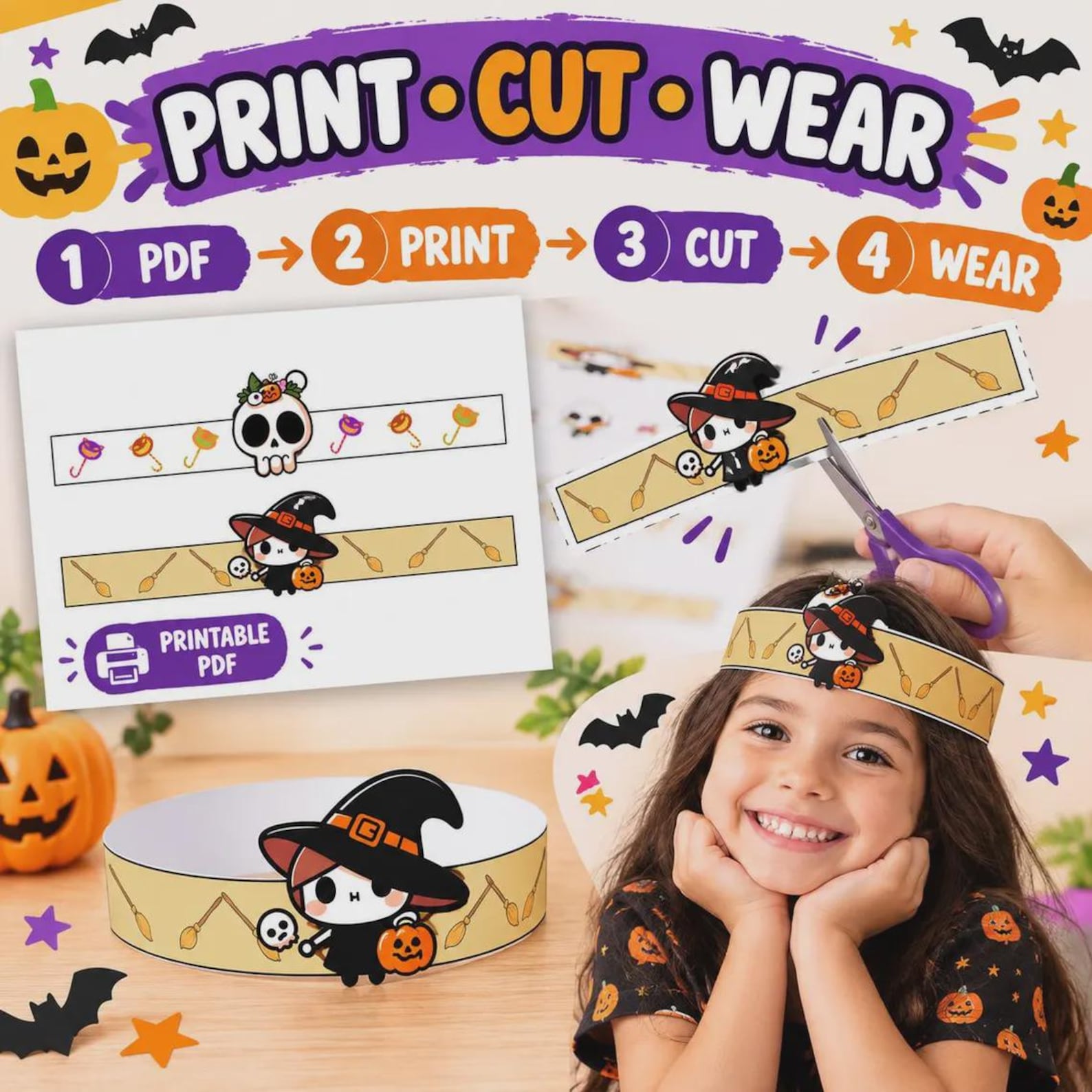 A Little Witch Character Crown Printable crown collection preview including a small witch character wearing a hat.