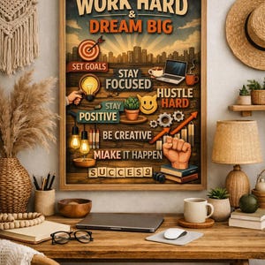 Op de afbeelding: Een motiverende poster met de tekst "WORK HARD & DREAM BIG" en andere inspirerende zinnen. De poster is ingelijst en staat op een houten bureau met een laptop, koffiekopje en andere decoratieve items. Het thema is productiviteit en doelstelling.