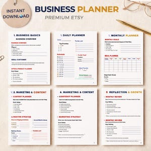 Op de afbeelding: Een set van zes witte business planner pagina's met donkerblauwe en rode tekst. Secties omvatten Business Basics, Daily Planner, Monthly Planner, Marketing and Content, en Reflection and Growth, met lijnen voor notities, doelen en planningen.