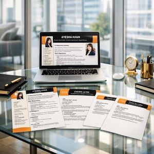 Op de afbeelding: Een laptop met het cv van Ayesha Khan, met geprinte exemplaren van een cv, sollicitatiebrief en bedankbrief op een glazen bureau. De documenten zijn voorzien van zwarte en oranje koppen, professionele portretfoto's en gestructureerde tekst.