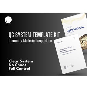 Puede incluir: Imagen promocional para un kit de plantillas del sistema de control de calidad. La imagen presenta un logotipo, el texto "QC SYSTEM TEMPLATE KIT Incoming Material Inspection" y dos manuales blancos. Un manual dice "USER MANUAL SOP QC SYSTEM". El otro manual dice "STANDARD OPERATING PROCEDURE Incoming Material Inspection".