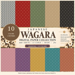 Asanoha digitalt papperspaket | 10 japanska färgvariationer | Sömlöst Wagara-mönster | 12x12 300 DPI JPG-nedladdning
