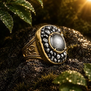 Puede incluir: Un anillo con una piedra ovalada central de color gris oscuro liso, engastada en un borde plateado texturizado y rodeada por un marco dorado pulido. La banda presenta intrincados patrones grabados en los laterales del metal.