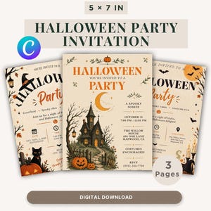 May include: Three 5 x 7 inch Halloween party invitation templates featuring a haunted house, pumpkins, a black cat, and a crescent moon. The designs include text such as Halloween Party, A Spooky Soiree, October 31, and The Willow House, 456 Oak Lane, Mapwood, CA.