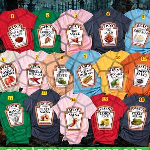 May include: A collection of sixteen t-shirts in various colors, each featuring a graphic print of a condiment bottle label with text such as Tangy Sweet & Sour Sauce, Spicy Barbeque Sauce, Spicy Hot Sauce, Pico de Gallo, Real Mayonnaise, and others.