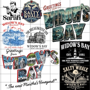 Könnte beinhalten: Eine digitale Sammlung von Grafikdesigns mit nautischen und maritimen Themen, inklusive Texten wie Widow's Bay, The Salty Whale, Greetings From und The Next Martha's Vineyard. Die Grafiken zeigen Leuchttürme, Wale und Gebäude.