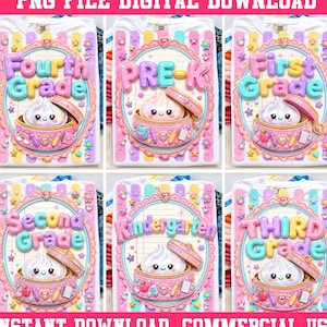 May include: A digital download set of six designs featuring pastel-coloured, 3D-style text for Pre-K, Kindergarten, and First through Fourth Grade. Each design includes a cute, smiling character in a container with school supplies and stars.