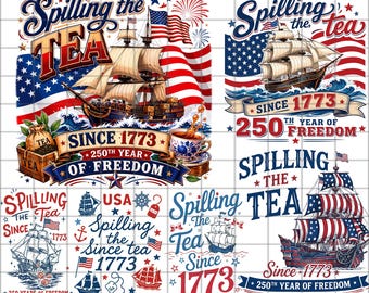 Pacote de imagens PNG listradas "Spilling The Tea Since 1773" (Contando Tudo Desde 1773), Divertido 4 de Julho, Arquivo PNG com tema patriótico e preppy dos EUA, Festa de 4 de Julho, 250º Aniversário