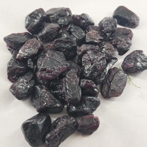 May include: A collection of raw, dark red garnet stones with irregular, angular shapes and a glossy, reflective surface texture. These deep burgundy mineral specimens exhibit natural facets and varying sizes, clustered together in a dense pile.