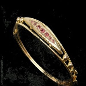 Antique-Style Lab Ruby Bangle Bracelet: 1.40Ct Round Cut, 14K Gold Plated Sterling Silver