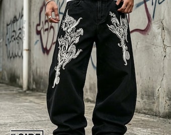 Jeans mit weitem Bein | Übergroße grafische Jeanshose | Alltagskleidung | Y2K Streetwear-Stil