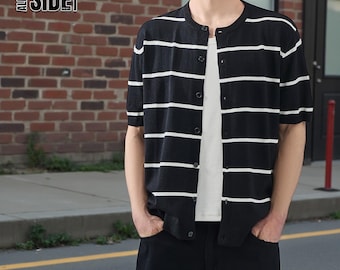 Casual Striped Cardigan | Short Sleeve Button Top | Daily Wear | Minimal Streetwear Style