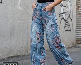 Pantalones vaqueros de talle alto / Pantalones retro con estampado de flores de cerezo / Para uso diario / Estilo urbano Y2K
