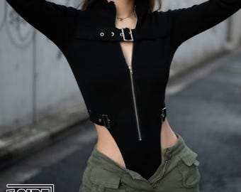 Long Sleeve Bodysuit | Buckle Zip Fitted Top | Club Wear | Night Out Style