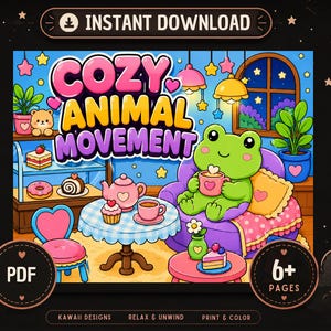 May include: A digital colouring book page titled COZY ANIMAL MOVEMENT featuring a green frog sitting on a purple sofa holding a mug. The scene includes a table with a pink teapot, a cupcake, a slice of cake, a chair, and a window with stars.
