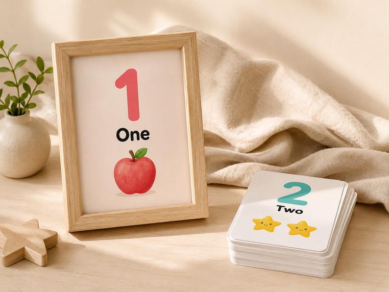 May include: A framed print with the number 1, the word "One," and a red apple illustration. A stack of cards shows the number 2, the word "Two," and two yellow star illustrations. Educational materials for children.