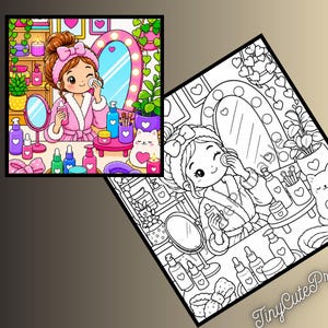 May include: A coloring page featuring a character in a bathrobe applying skincare at a vanity with a mirror, bottles, and a cat. The design includes a colored version and a black and white line art version with the text TinyCutePrintable.