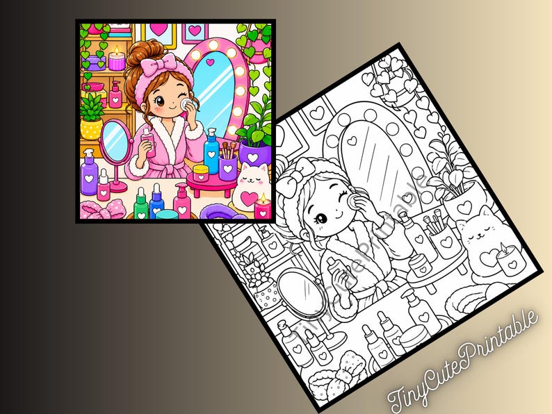 May include: A coloring page featuring a character in a bathrobe applying skincare at a vanity with a mirror, bottles, and a cat. The design includes a colored version and a black and white line art version with the text TinyCutePrintable.
