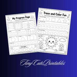 May include: Two white educational activity sheets with black line art. The left sheet is titled My Progress Page and features tracing exercises for lines, shapes, and loops. The right sheet is titled Trace and Color Fun with shapes and a sun scene.