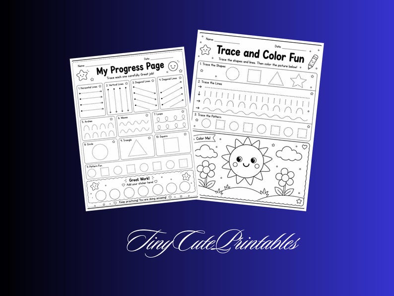 May include: Two white educational activity sheets with black line art. The left sheet is titled My Progress Page and features tracing exercises for lines, shapes, and loops. The right sheet is titled Trace and Color Fun with shapes and a sun scene.
