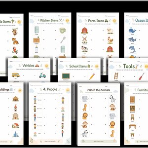 May include: A collection of educational matching worksheets for children featuring various themes including jungle items, kitchen items, farm items, ocean items, vehicles, school items, tools, buildings, people, animals, and furniture with colorful illustrations.