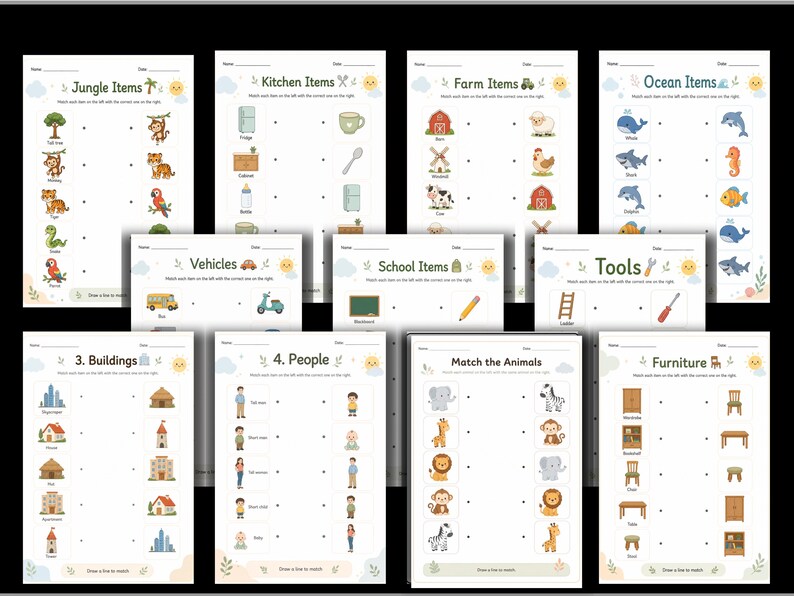 May include: A collection of educational matching worksheets for children featuring various themes including jungle items, kitchen items, farm items, ocean items, vehicles, school items, tools, buildings, people, animals, and furniture with colorful illustrations.