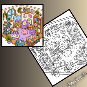 May include: A digital illustration and a black and white line art coloring page featuring an art studio room with an easel, a purple armchair, a bookshelf, a rolling cart, and various art supplies. The text TinyCutePrintable is visible.