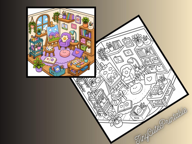 May include: A digital illustration and a black and white line art coloring page featuring an art studio room with an easel, a purple armchair, a bookshelf, a rolling cart, and various art supplies. The text TinyCutePrintable is visible.