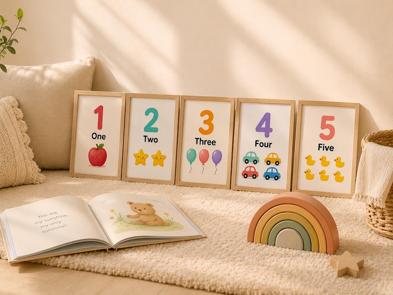 May include: Five framed number prints with illustrations of an apple, stars, balloons, cars, and ducks. A wooden rainbow stacker, open book, and star-shaped toy are also visible. The prints display the numbers one through five.