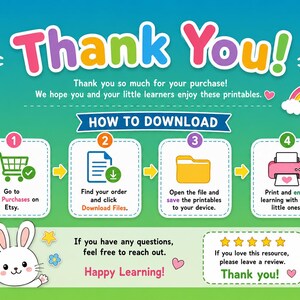 Op de afbeelding: Een kleurrijke digitale downloadafbeelding met de woorden "Thank You!" en instructies voor het downloaden van de printbare bestanden. Bevat pictogrammen van een winkelwagen, document, map en printer. Een schattig konijn en regenboog zijn ook aanwezig.