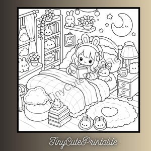 May include: A black and white line art coloring page featuring a character with bunny ears reading a book in bed. The bedroom scene includes a bookshelf, a nightstand with a lamp, a crescent moon, a heart-shaped rug, and various small bunny-themed decor items.