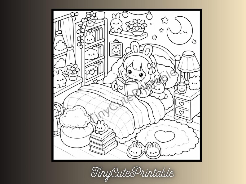 May include: A black and white line art coloring page featuring a character with bunny ears reading a book in bed. The bedroom scene includes a bookshelf, a nightstand with a lamp, a crescent moon, a heart-shaped rug, and various small bunny-themed decor items.