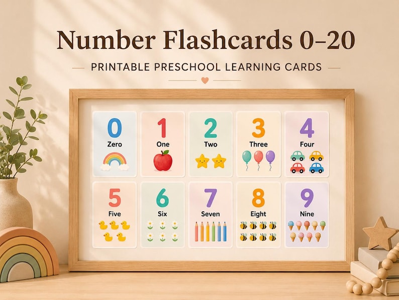 May include: A framed set of number flashcards, 0-9, with colorful illustrations. Each card displays a number, its word form, and a corresponding image, such as a rainbow for zero and an apple for one. The text "Number Flashcards 0-20" is at the top.