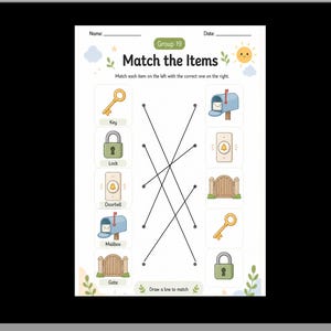 May include: A printable educational worksheet titled Group 19 Match the Items featuring two columns of icons including a key, lock, doorbell, mailbox, and gate. Black lines connect the items on the left to their corresponding matches on the right side.