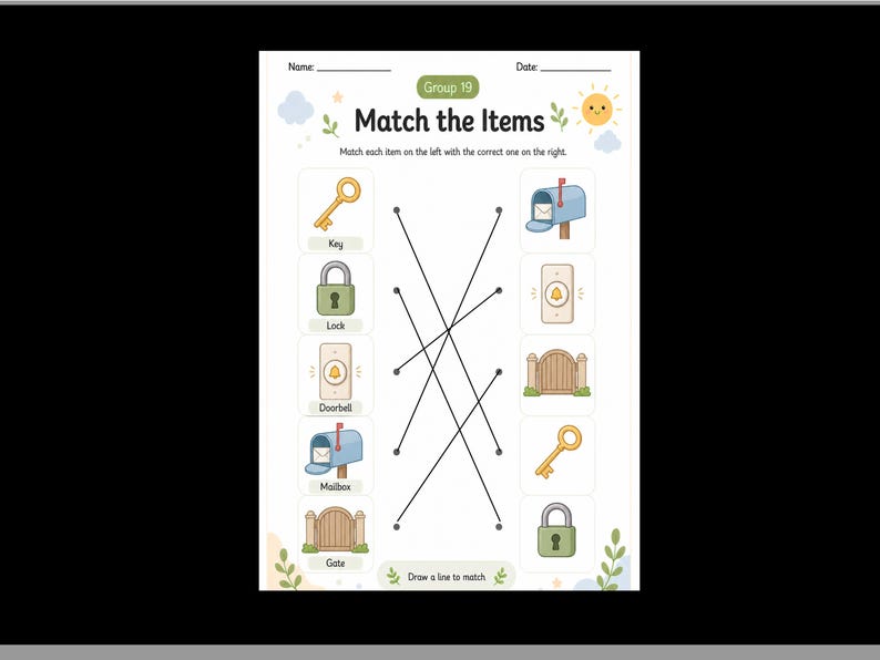 May include: A printable educational worksheet titled Group 19 Match the Items featuring two columns of icons including a key, lock, doorbell, mailbox, and gate. Black lines connect the items on the left to their corresponding matches on the right side.