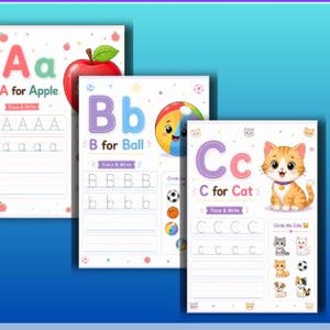 May include: Three educational worksheets for children. The first features an apple and the letter "A", the second a ball and the letter "B", and the third a cat and the letter "C". Each sheet includes tracing and writing exercises.