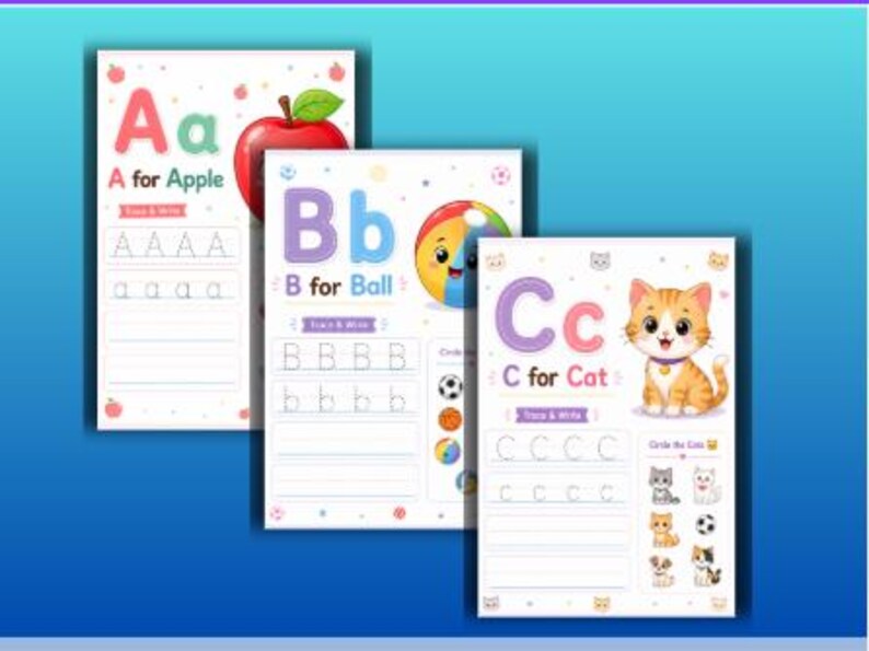 May include: Three educational worksheets for children. The first features an apple and the letter "A", the second a ball and the letter "B", and the third a cat and the letter "C". Each sheet includes tracing and writing exercises.