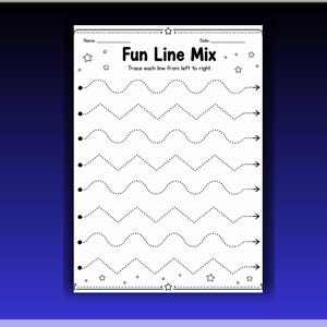 May include: A white educational worksheet titled Fun Line Mix with black text and graphics. The page features lines for tracing from left to right, including wavy and zigzag patterns, with small star icons at the top and bottom borders.