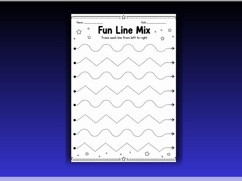 May include: A white educational worksheet titled Fun Line Mix with black text and graphics. The page features lines for tracing from left to right, including wavy and zigzag patterns, with small star icons at the top and bottom borders.