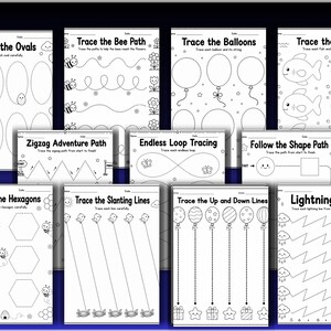 May include: A collection of eleven black and white educational tracing worksheets for children. Each page features dotted lines for practice, including shapes like ovals and hexagons, paths for bees, balloons, fish, and various line patterns like zigzags.