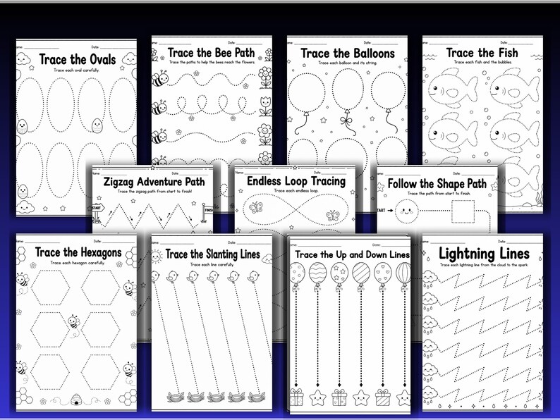 May include: A collection of eleven black and white educational tracing worksheets for children. Each page features dotted lines for practice, including shapes like ovals and hexagons, paths for bees, balloons, fish, and various line patterns like zigzags.